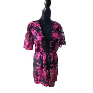 Mesh Cover Up Top Embroidered Floral Pink Magenta